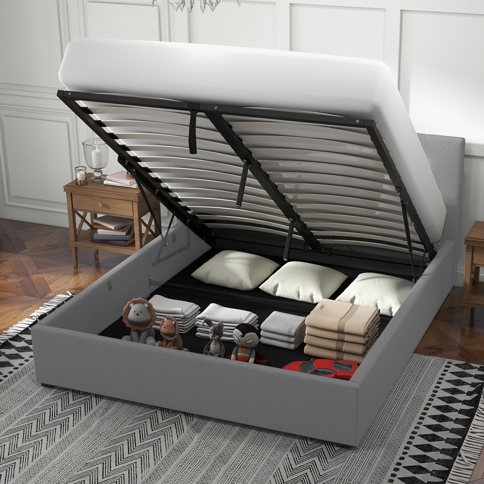 Milano Luxury Gas Lift Bed with Headboard (Model 1) - Grey No.28 - Single-1951134898710515715