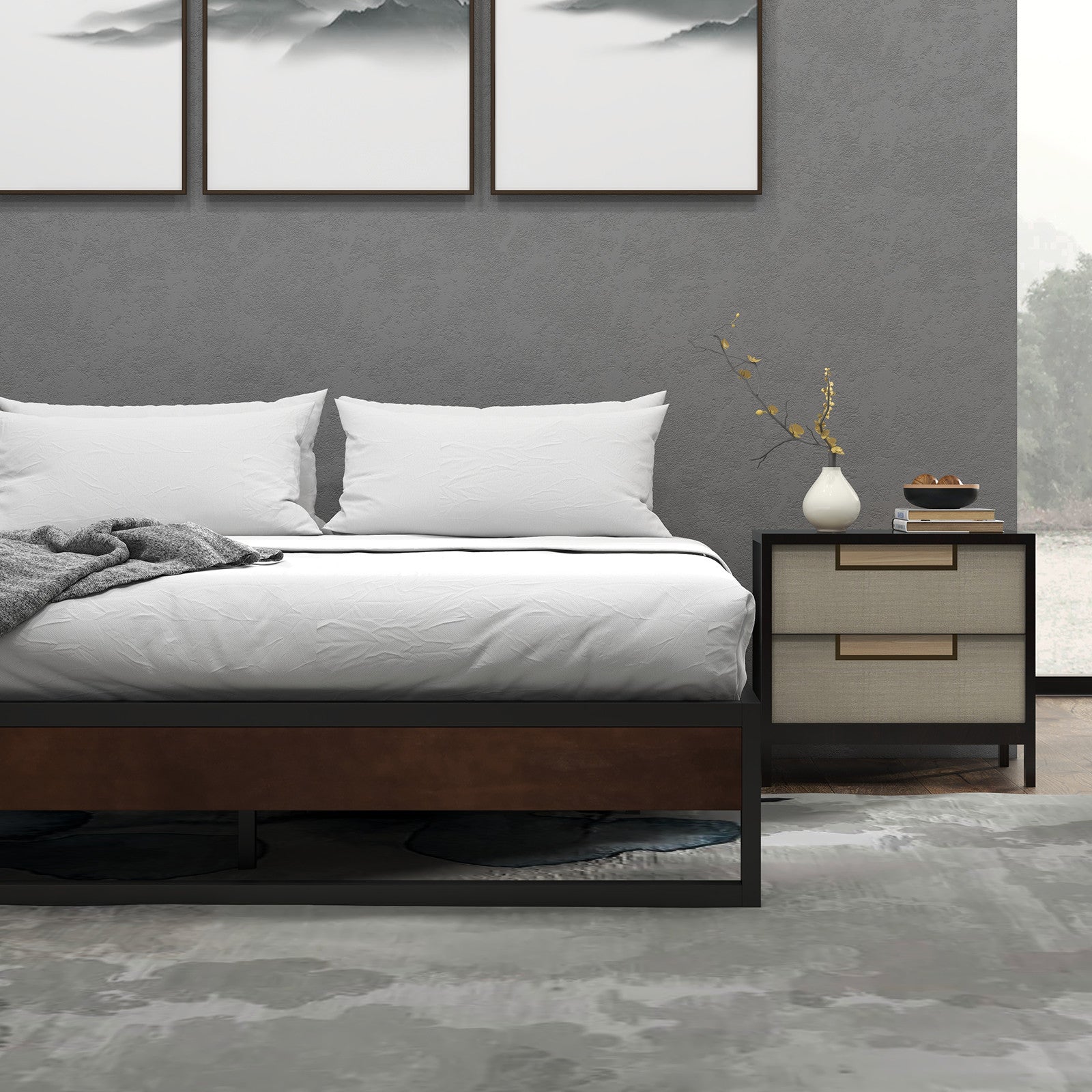 Sorrento Metal and Wood bed base - Double-1951134902615412739