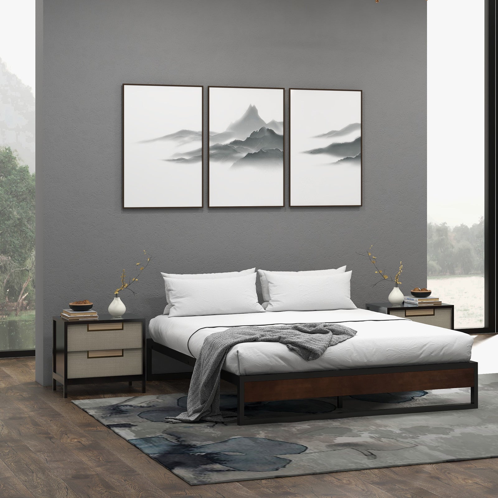 Sorrento Metal and Wood bed base - Queen-1951134902829322244