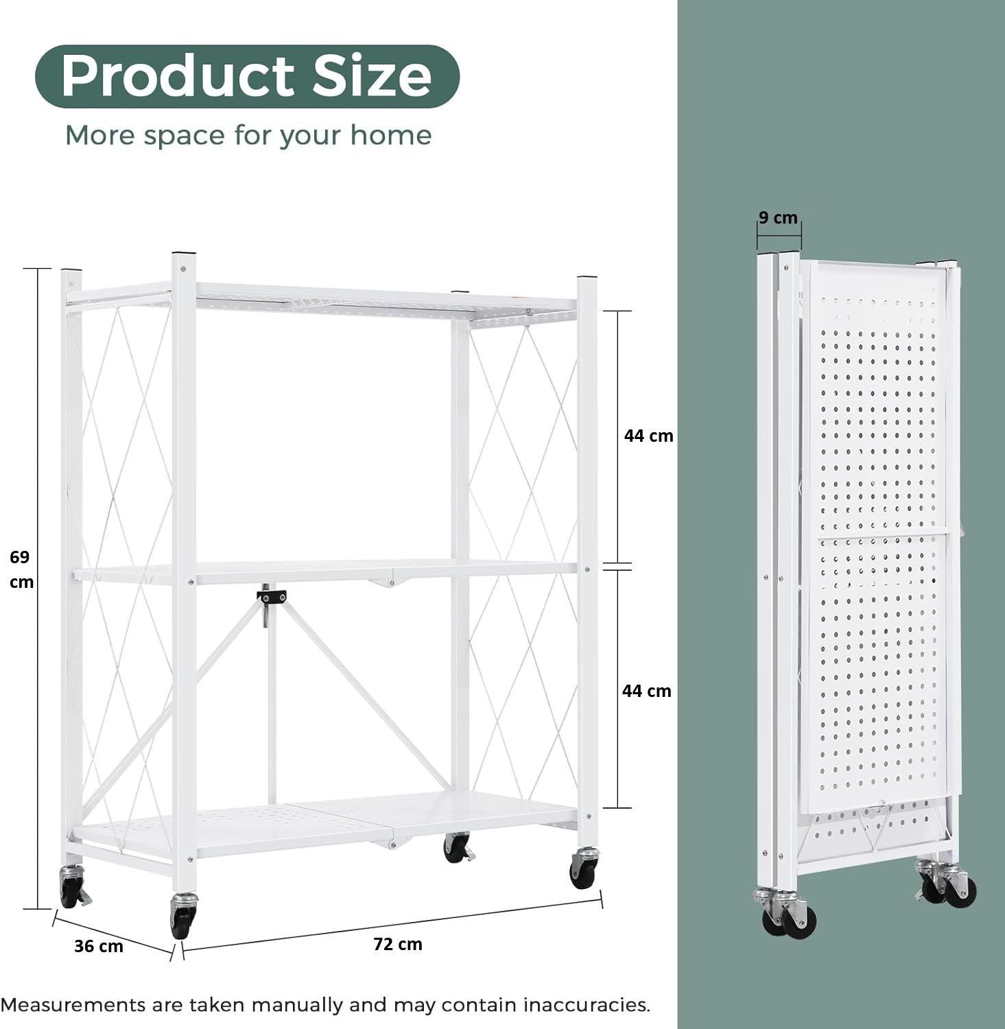 CARLA HOME 3-Tier Foldable Storage Shelf with Wheels for Kitchen, Garage, Pantry or Basement (White)-1978962265868734466
