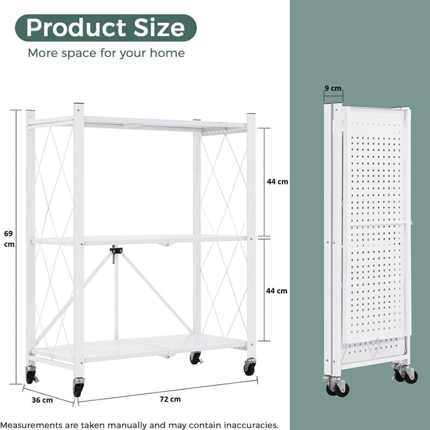 CARLA HOME 3-Tier Foldable Storage Shelf with Wheels for Kitchen, Garage, Pantry or Basement (White)-1978962265868734466