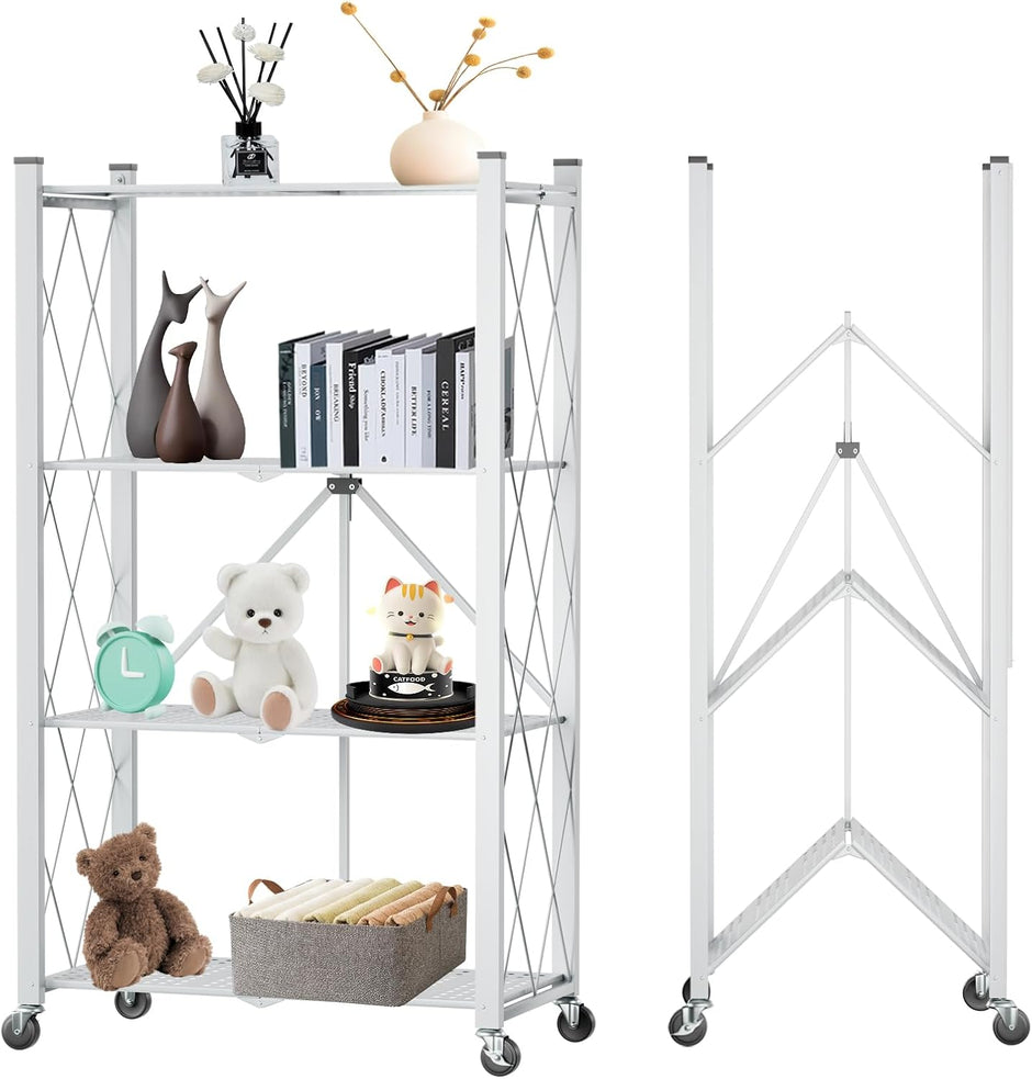 CARLA HOME 4-Tier Foldable Storage Shelf with Wheels for Kitchen, Garage, Pantry or Basement (White)-1978962266032312320