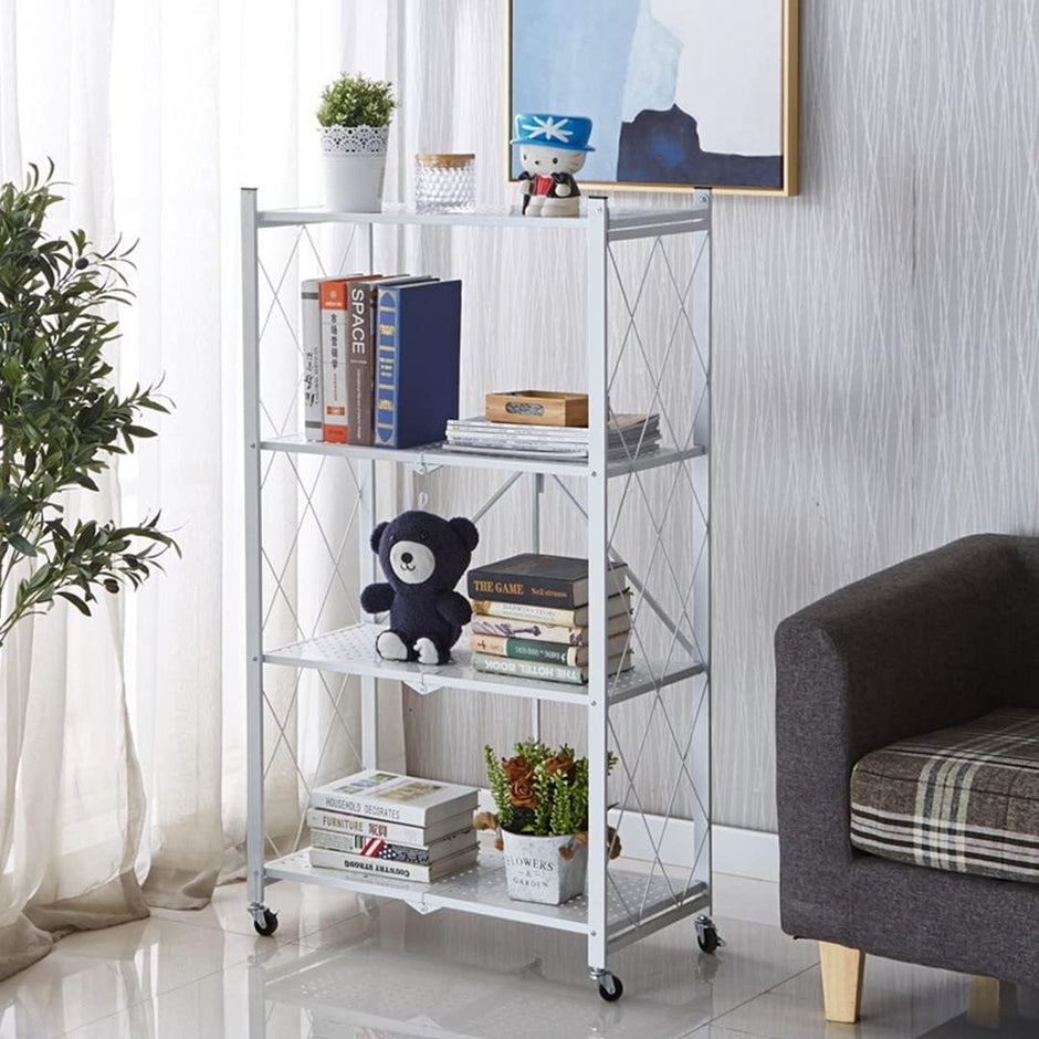 CARLA HOME 4-Tier Foldable Storage Shelf with Wheels for Kitchen, Garage, Pantry or Basement (White)-1978962266032312323