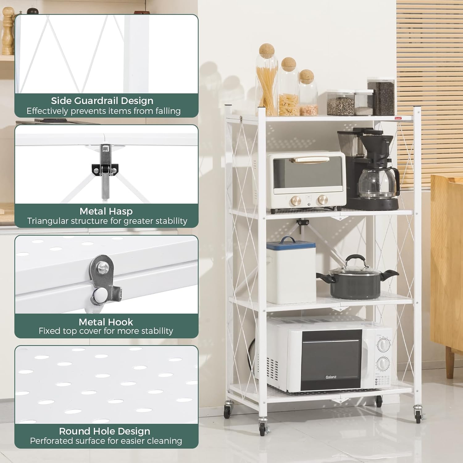 CARLA HOME 4-Tier Foldable Storage Shelf with Wheels for Kitchen, Garage, Pantry or Basement (White)-1978962266032312324