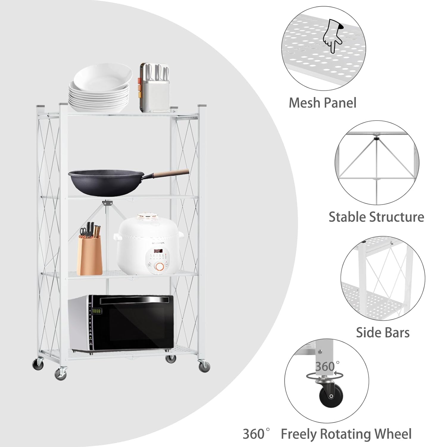 CARLA HOME 4-Tier Foldable Storage Shelf with Wheels for Kitchen, Garage, Pantry or Basement (White)-1978962266032312325