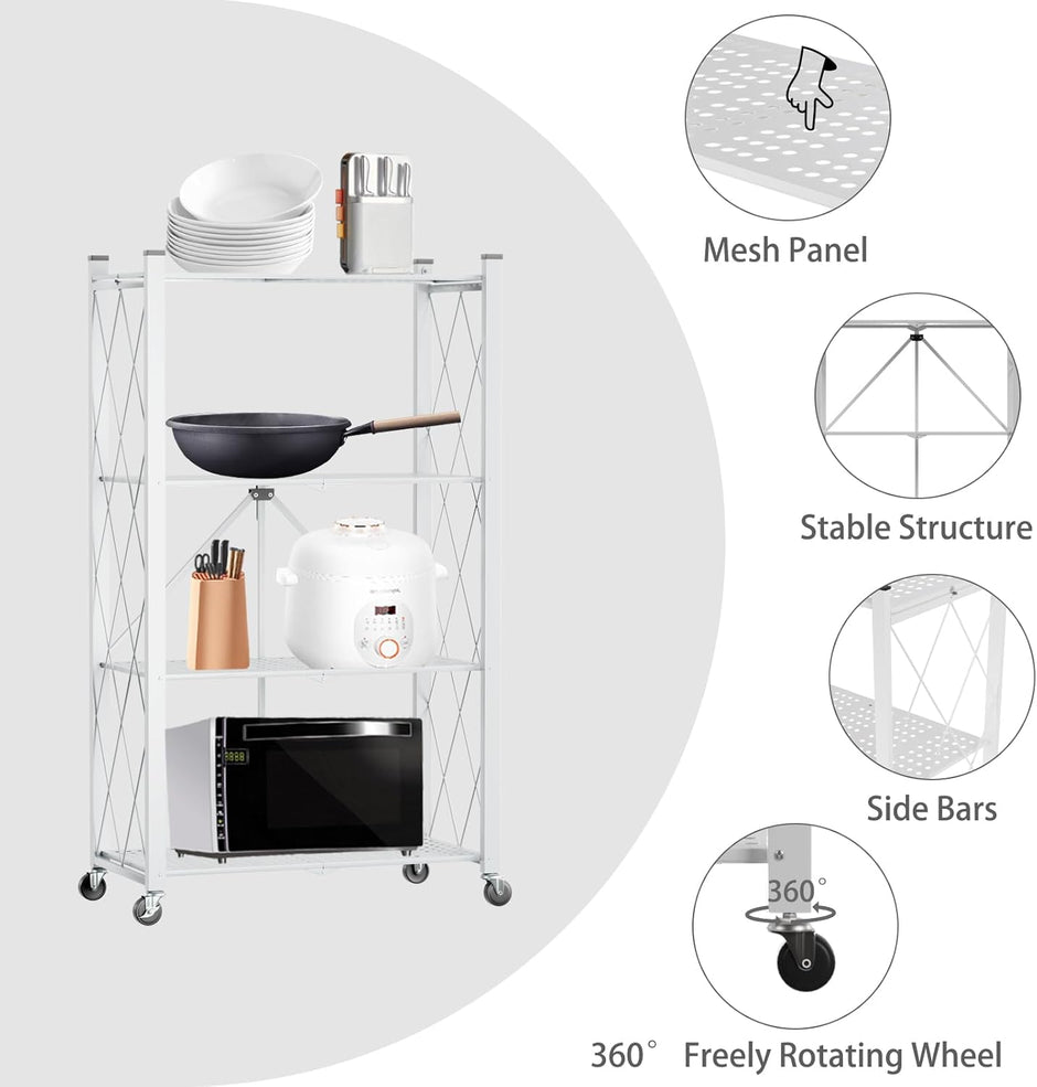 CARLA HOME 4-Tier Foldable Storage Shelf with Wheels for Kitchen, Garage, Pantry or Basement (White)-1978962266032312325