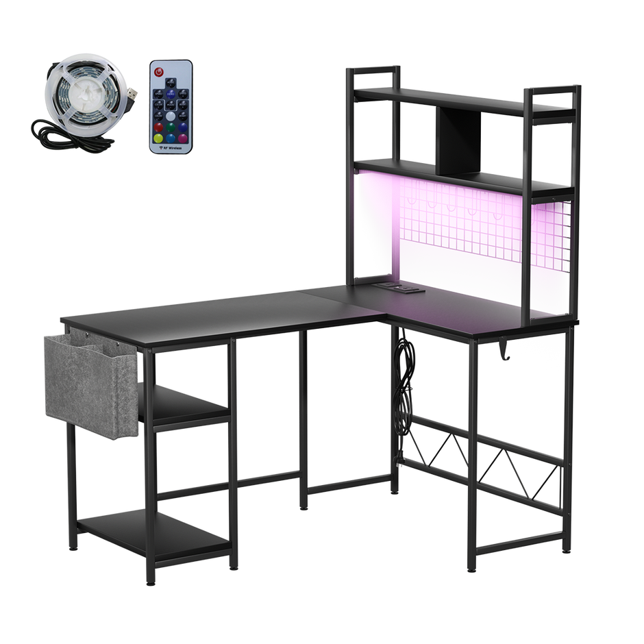 Levede L Shaped Gaming Desk with LED Lights Black-2006732738572455944