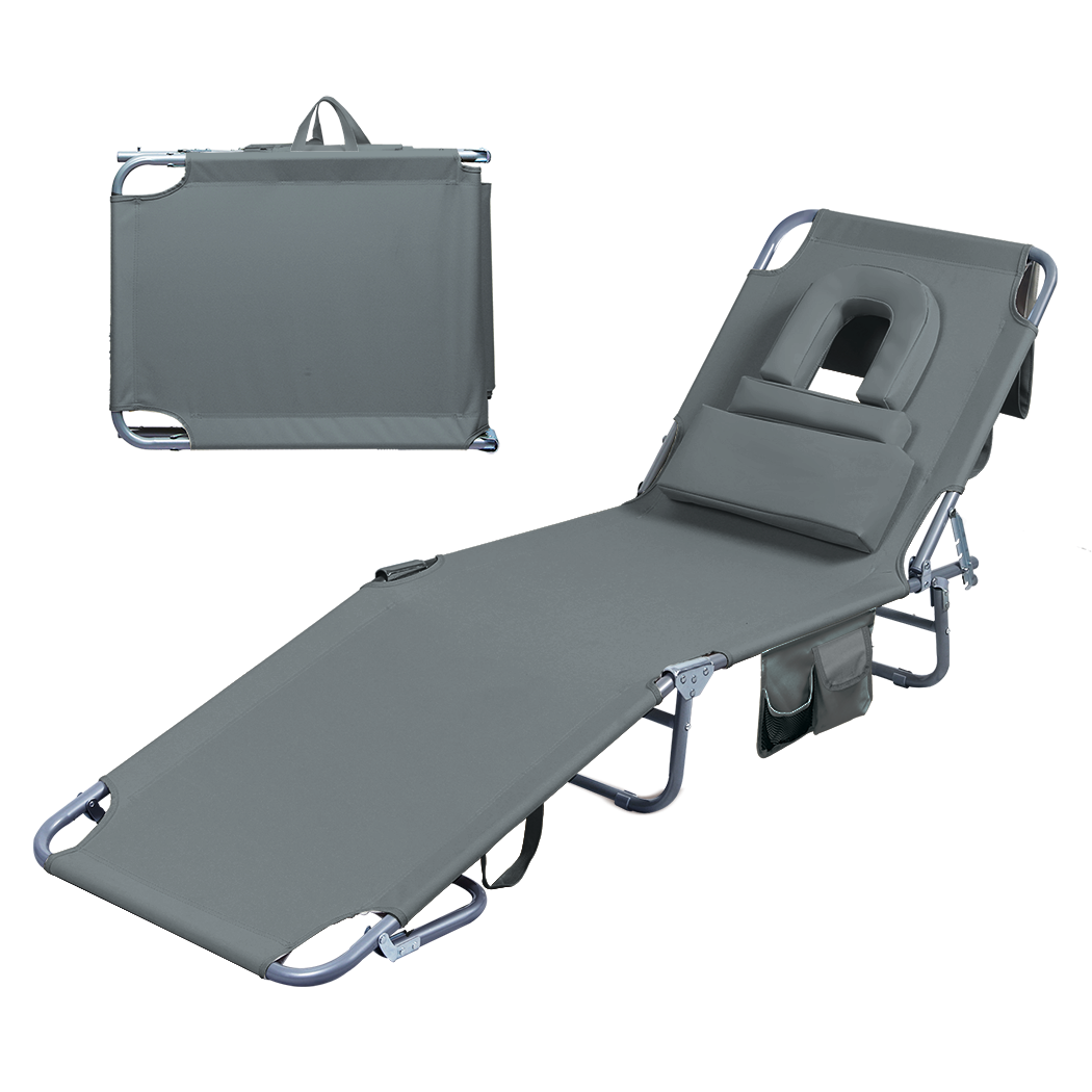 Levede Foldable Beach Lounge Chairs with Face Hole Grey-2018816828482129928