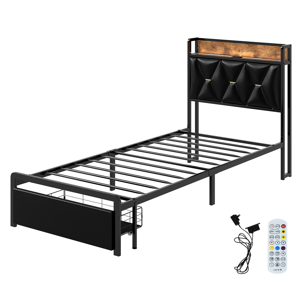 Levede Single Bed Frame Leather Headboard RGB 2 Drawers-2006732795887620104