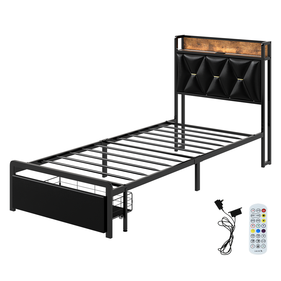 Levede Single Bed Frame Leather Headboard RGB 2 Drawers-2006732795887620104