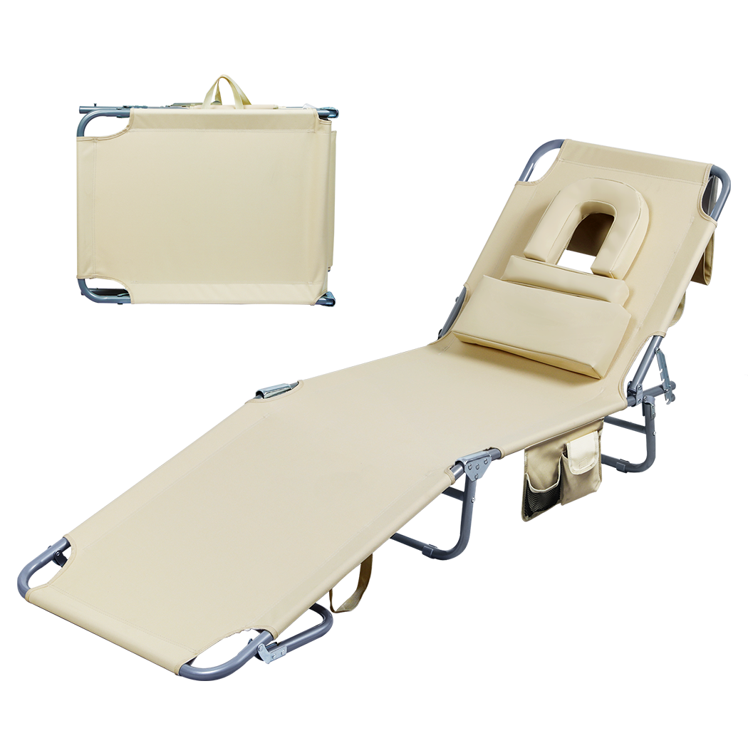 Levede Foldable Beach Lounge Chairs with Face Hole Khaki-2018816828662485000