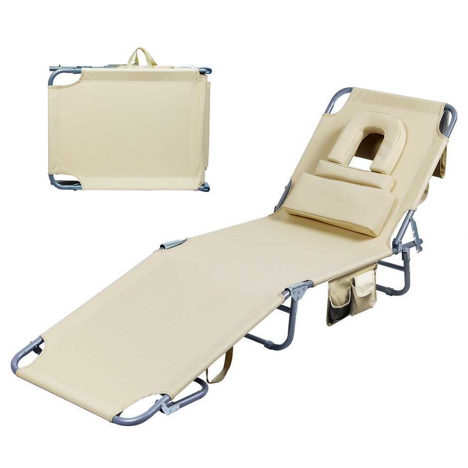 Levede Foldable Beach Lounge Chairs with Face Hole Khaki-2018816828662485000