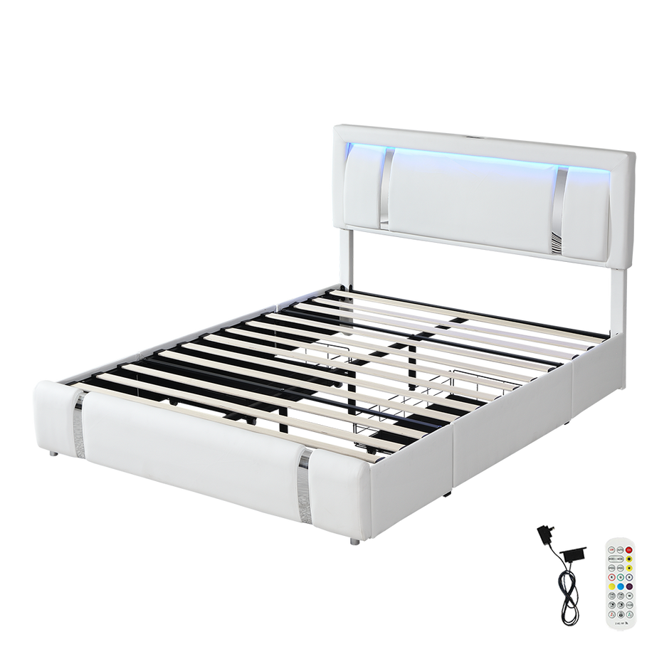 Levede King Bed Frame Leather Headboard RGB 2 Drawers-2006732796147666952