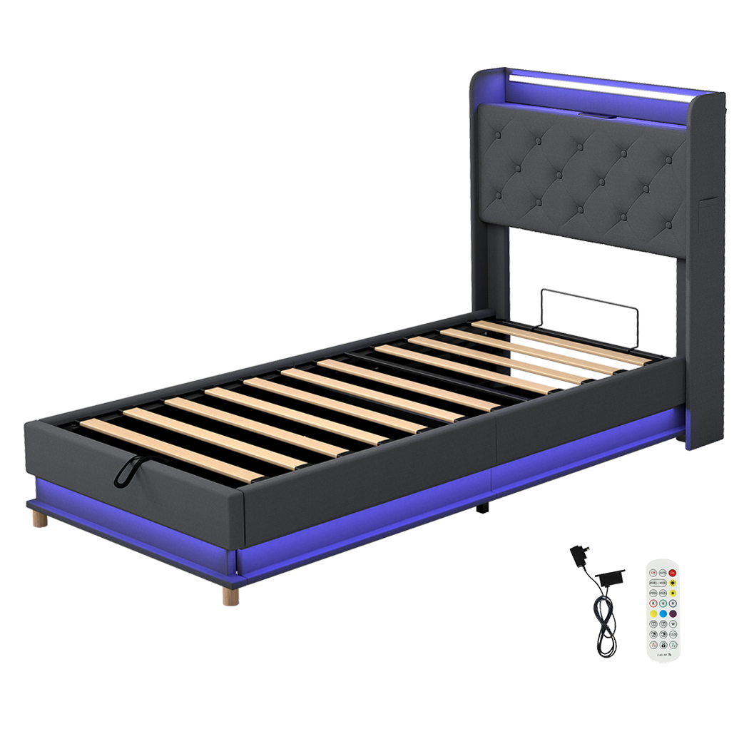 Levede Single Bed Frame Gas Lift Storage LED Light USB-2006733381777362952