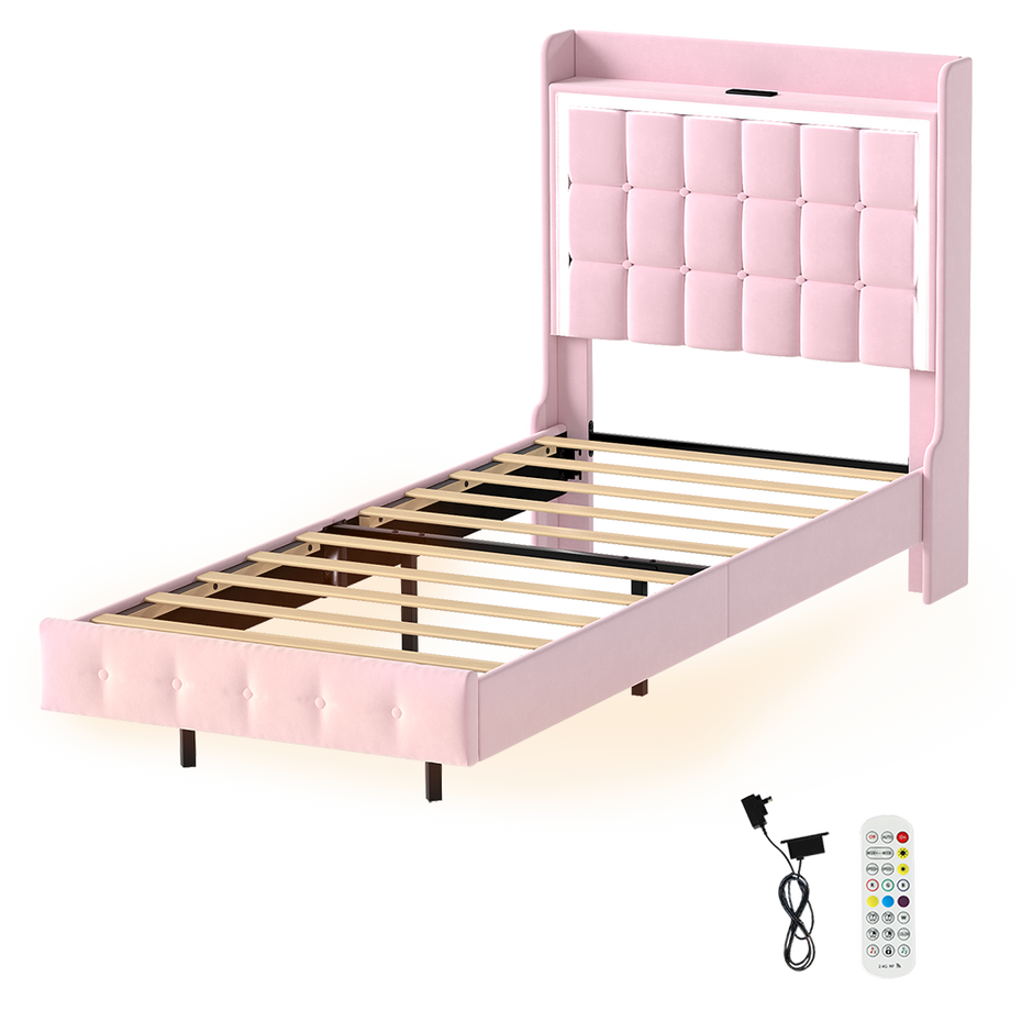 Levede Single Floating Bed Frame LED Headboard USB Pink-2006732795417858056