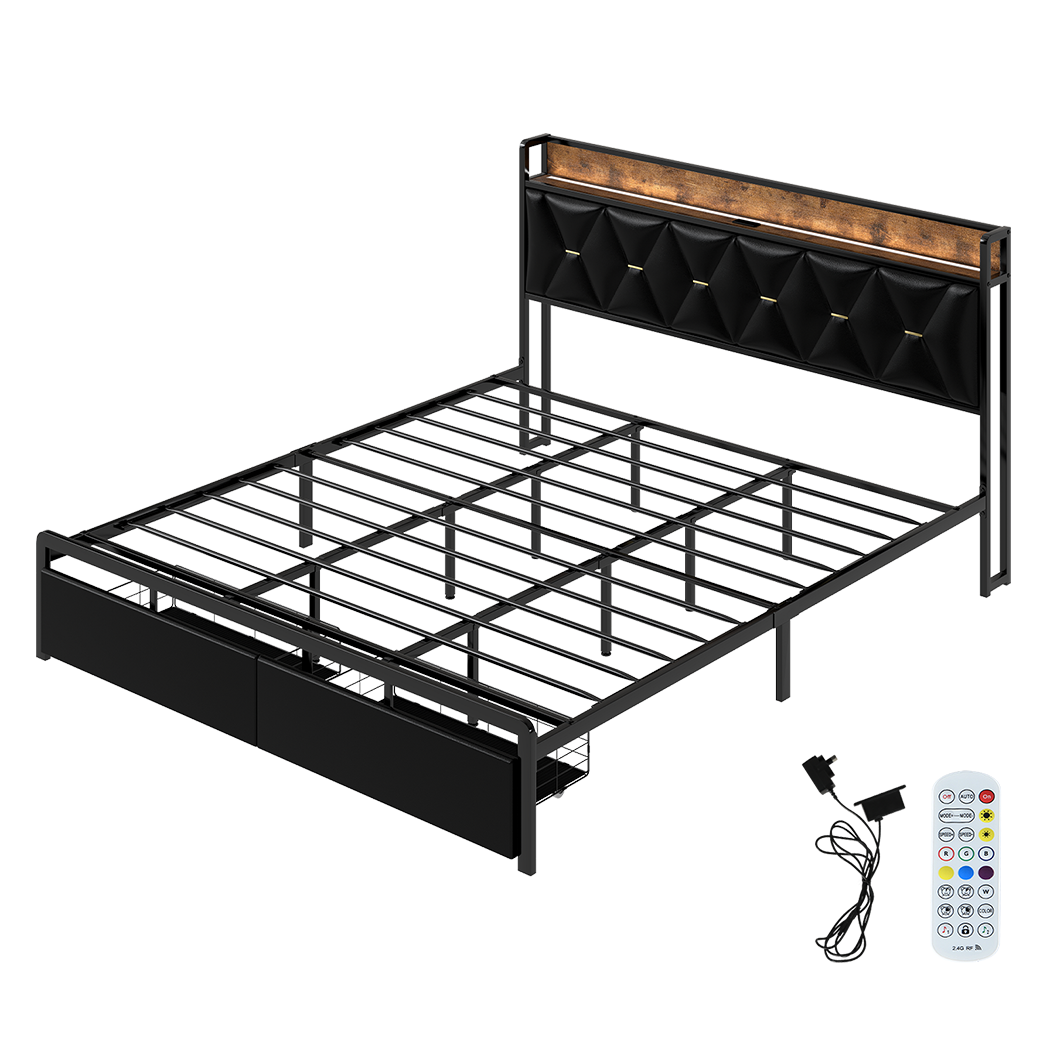 Levede King Bed Frame Leather Headboard RGB 2 Drawers-2006732795694682120