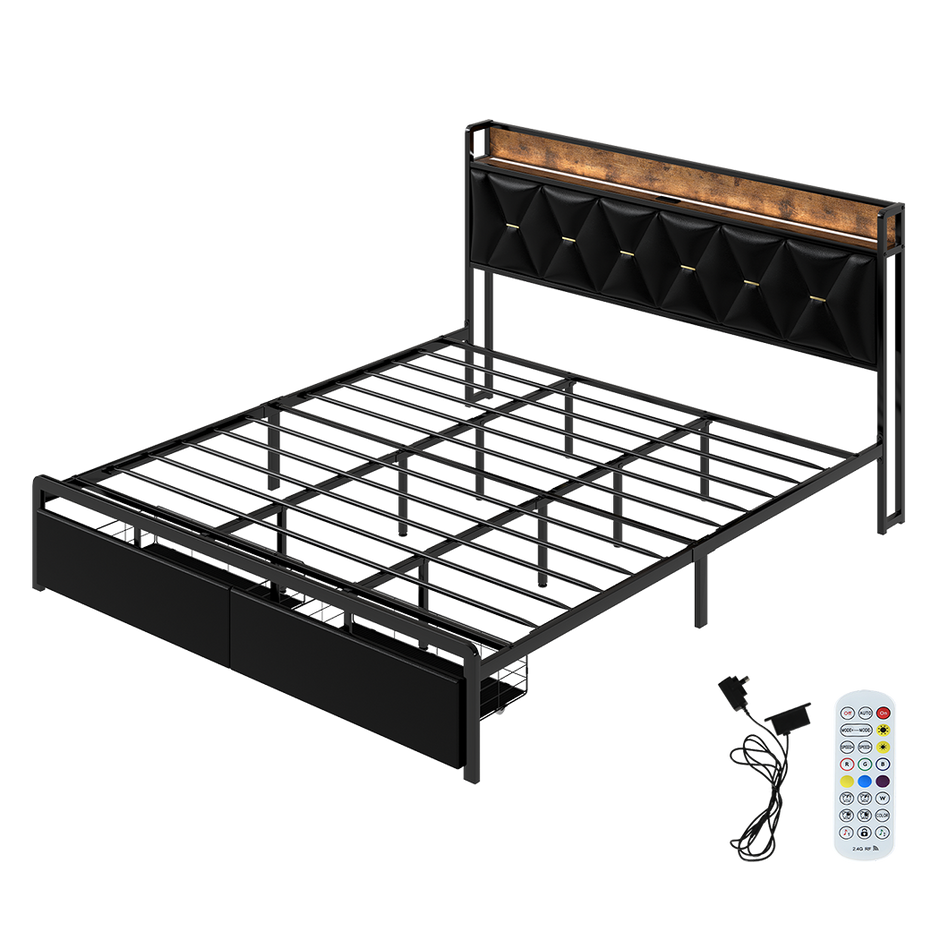 Levede King Bed Frame Leather Headboard RGB 2 Drawers-2006732795694682120