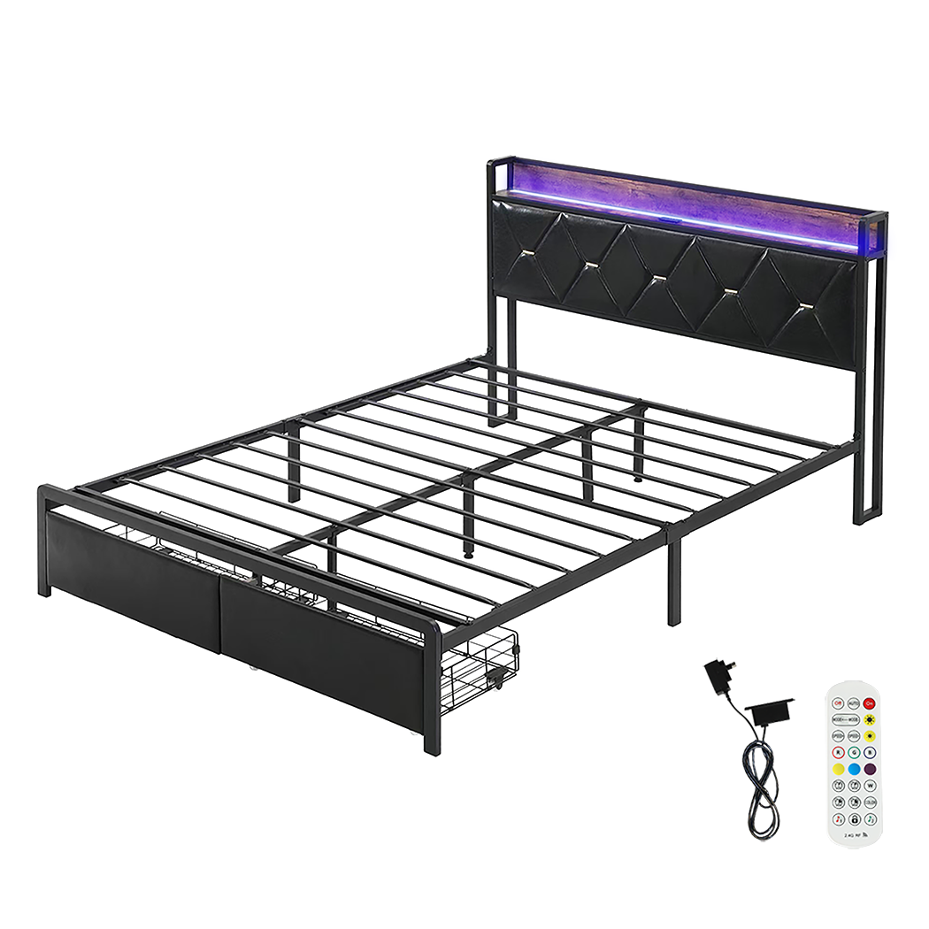 Levede Double Metal Bed Frame LED Lights 2 Drawers-2018816909583192070