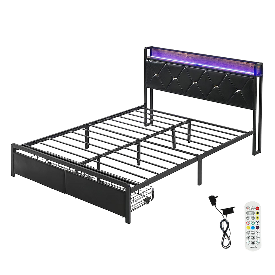 Levede Double Metal Bed Frame LED Lights 2 Drawers-2018816909583192070
