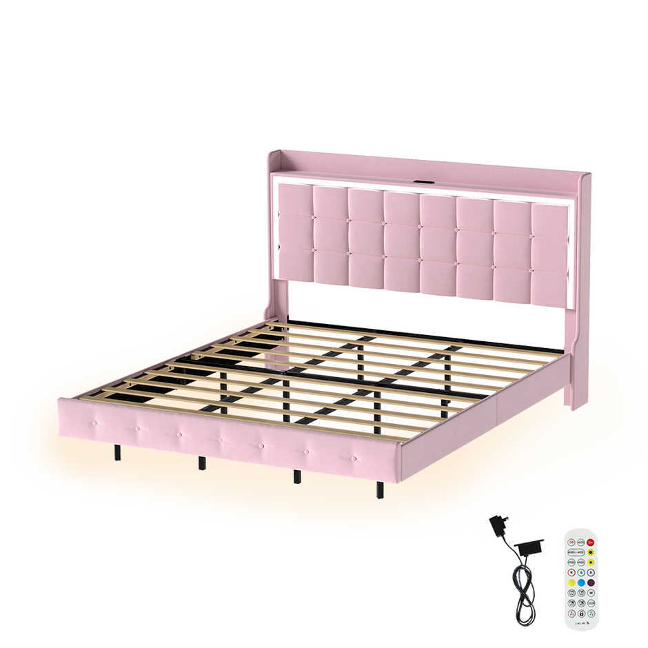 Levede King Floating Bed Frame LED Headboard USB Pink-2006732795224920072