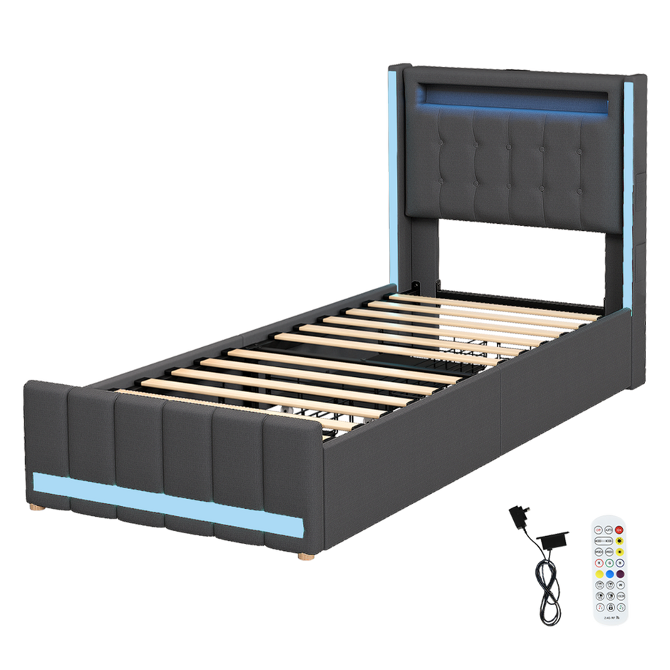 Levede Single Bed Frame Fabric Storage Drawer LED USB-2006733382138073096