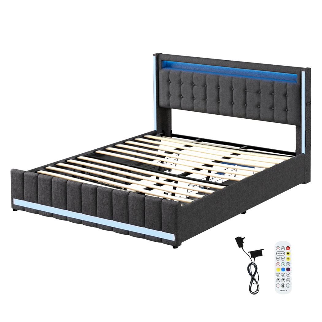 Levede King Bed Frame Fabric Storage Drawer LED USB-2006733381945135112