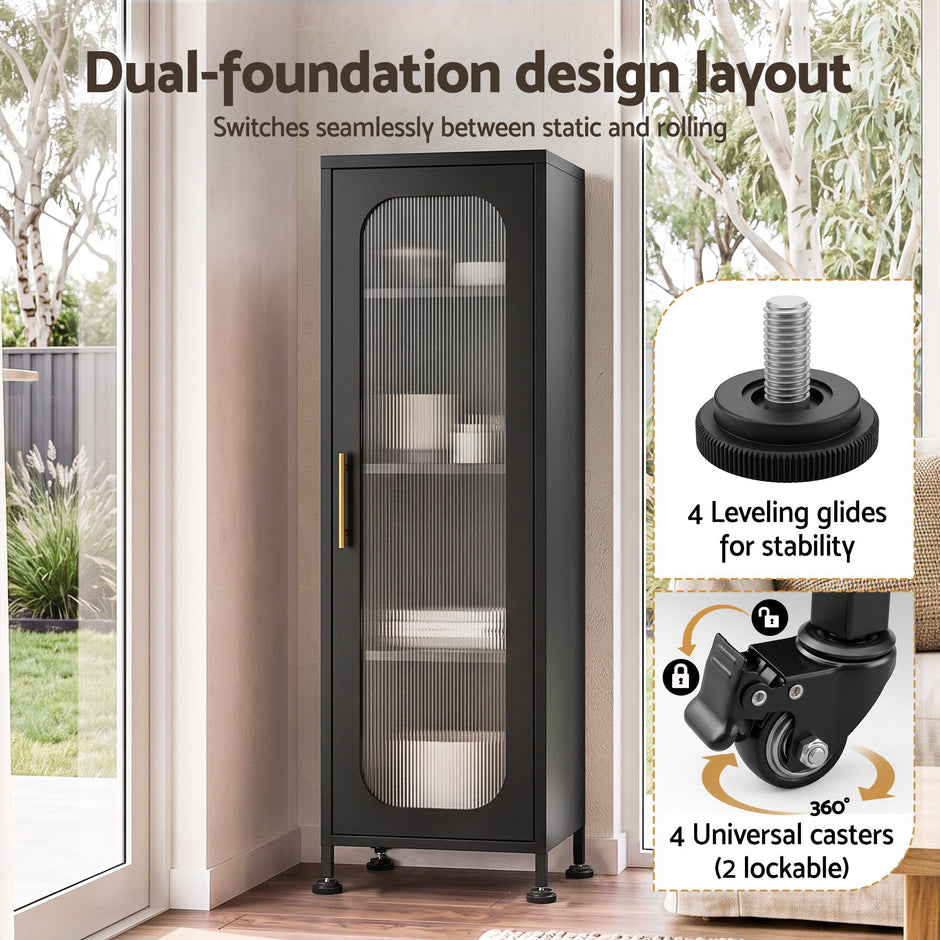 Artiss Buffet Cabinet Sideboard X2 Slim Kitchen Storage Trolley Wheels Black