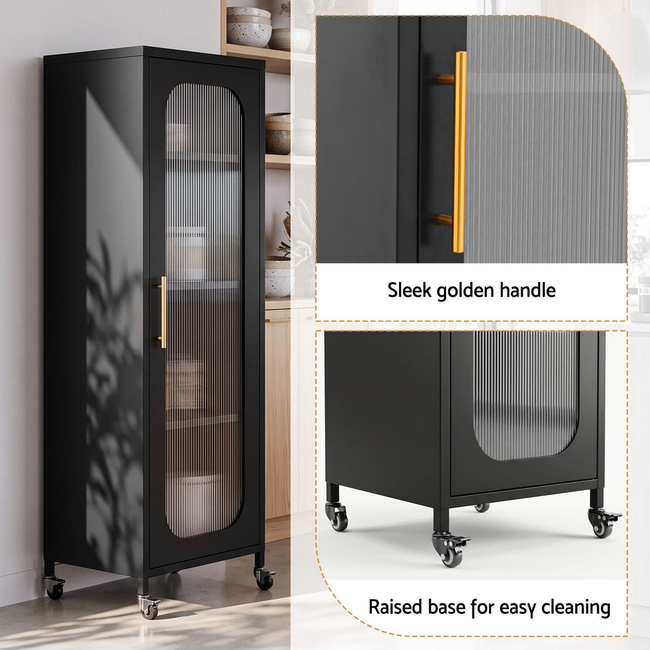 Artiss Buffet Cabinet Sideboard X2 Slim Kitchen Storage Trolley Wheels Black