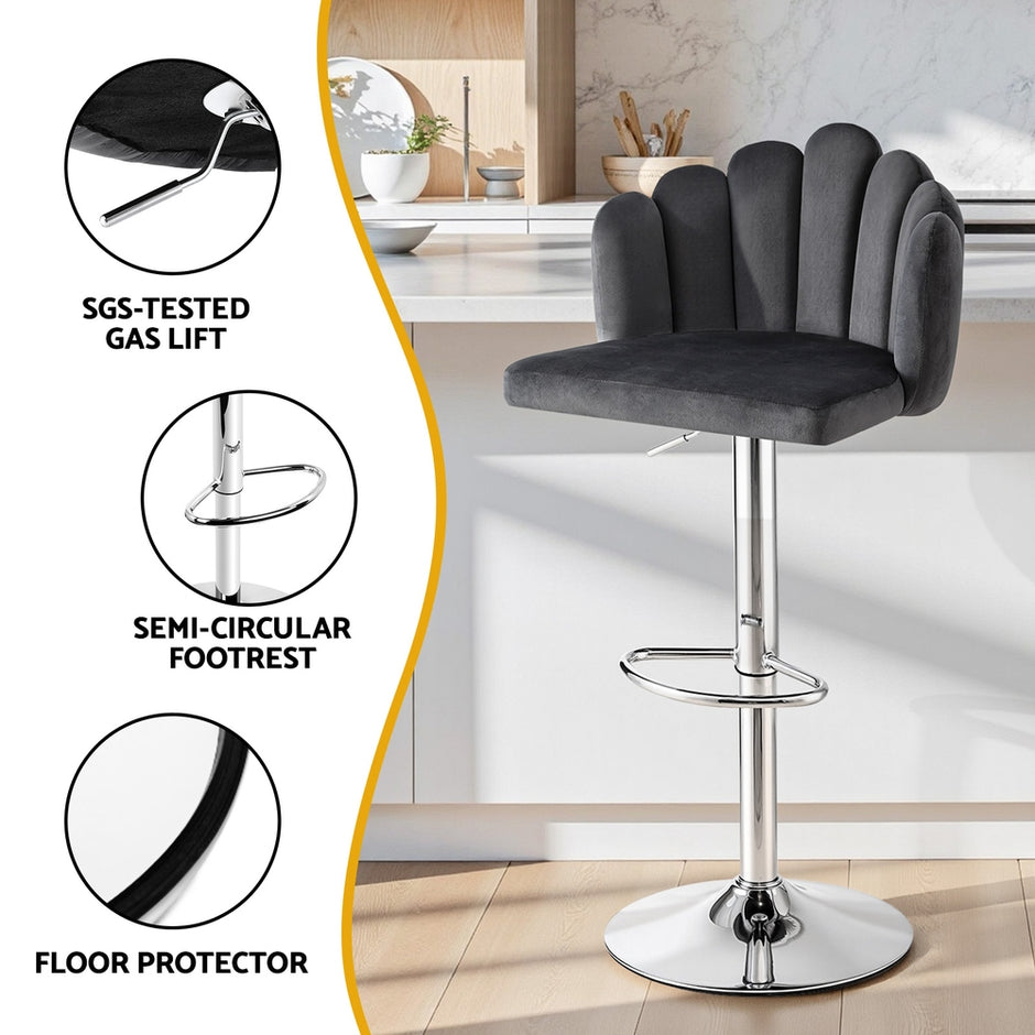 Artiss Bar Stool X2 Kitchen Dining Counter Gaslift Chair Adjustable Velvet Grey