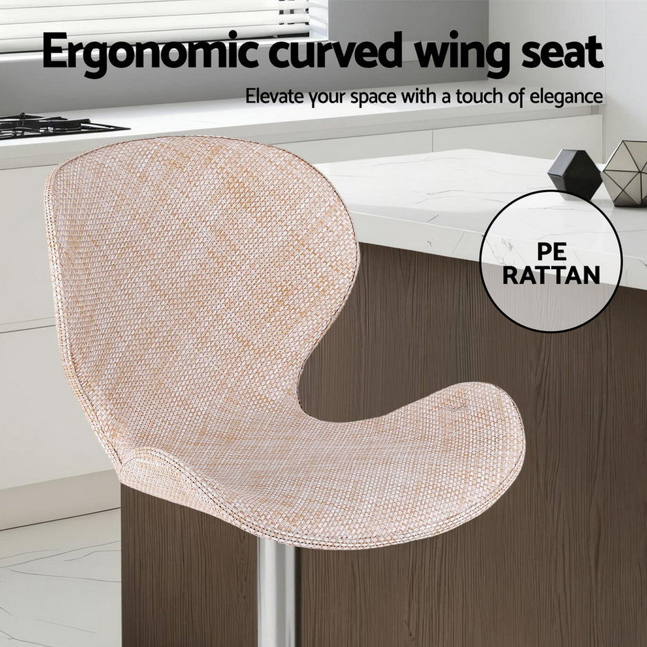 Artiss 2x Bar Stools Kitchen Swivel Gas Lift Counter Chair Wing PE Rattan Beige
