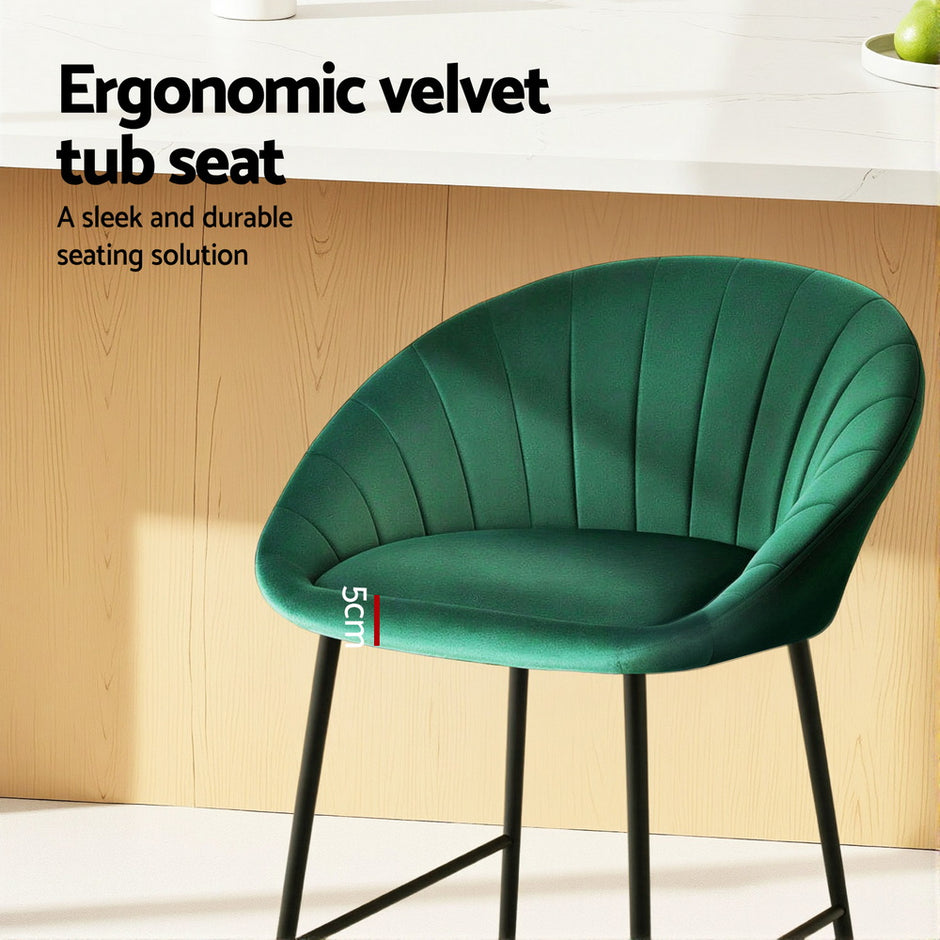Artiss 2x Bar Stools Kitchen Dining Chair Counter Stool Tub Velvet Metal Green