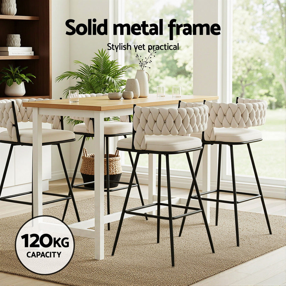 Artiss 2x Bar Stools Kitchen Dining Chair Counter Stool Woven Velvet Metal Ivory
