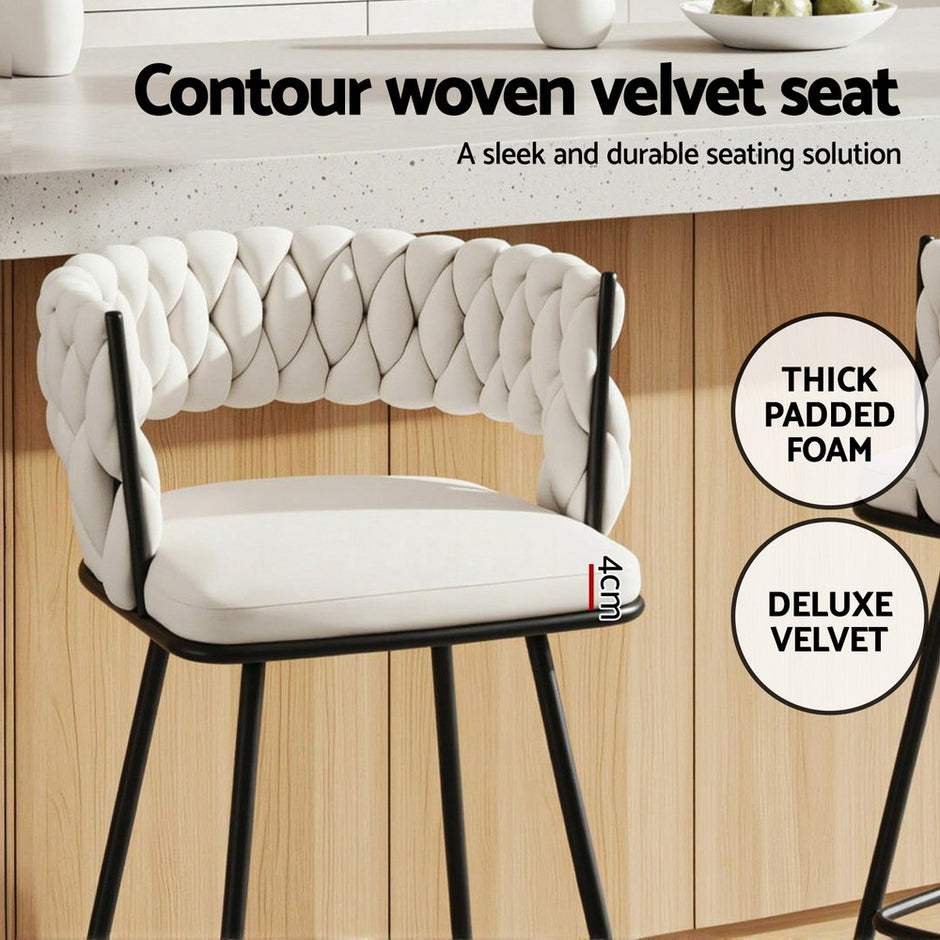 Artiss 2x Bar Stools Kitchen Dining Chair Counter Stool Woven Velvet Metal Ivory