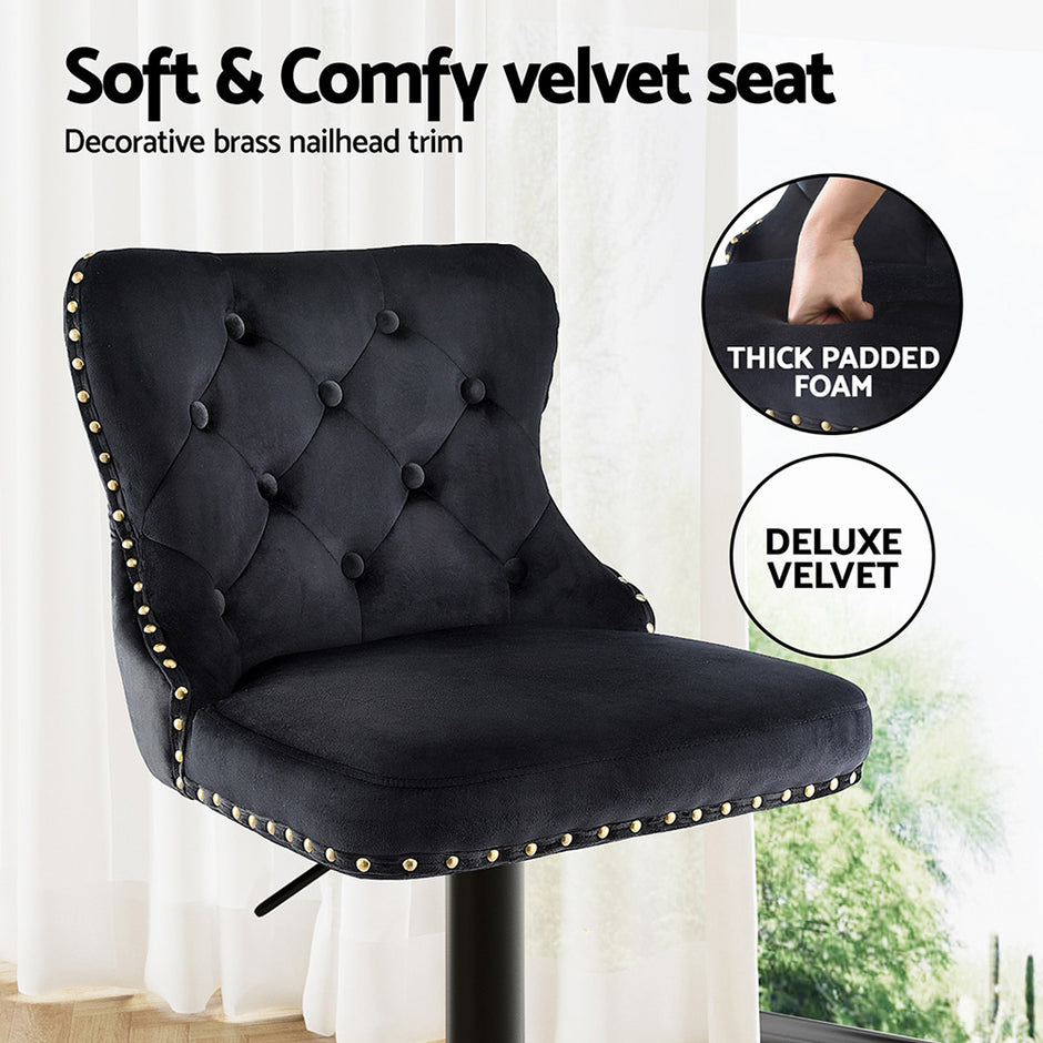 Artiss 2x Velvet Bar Stool Adjustable Height Nailhead Trim Kitchen Counter Stool