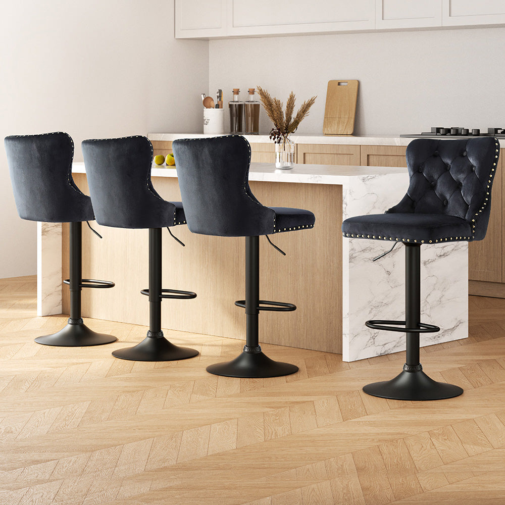 Artiss 4x Velvet Bar Stool Adjustable Height Nailhead Trim Kitchen Counter Stool