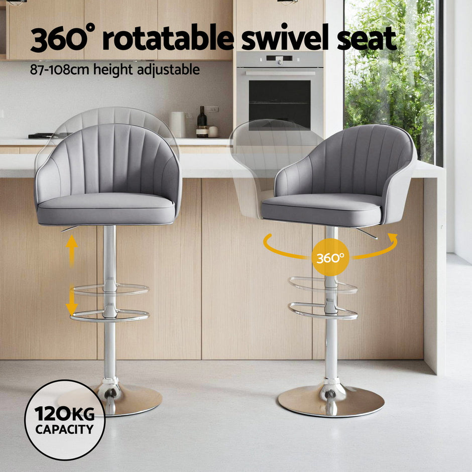 Artiss 2x Bar Stools Kitchen Swivel Gas Lift Counter Chair Shell Leather Grey