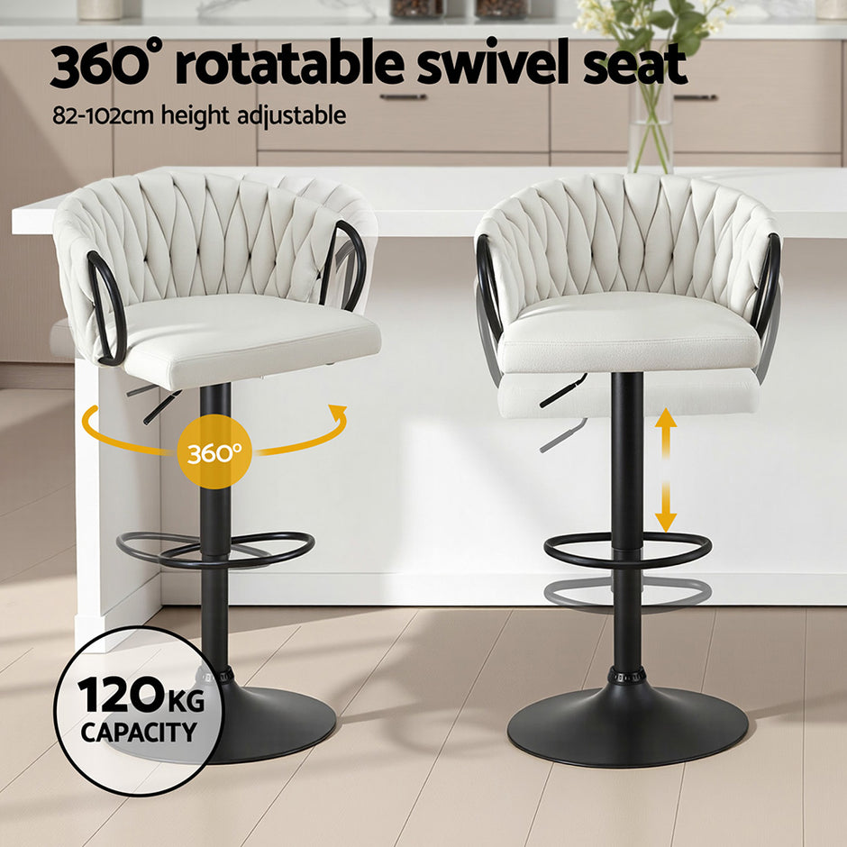 Artiss Bar Stool x2 Kitchen Dining Chair Counter Gaslift Woven Velvet Ivory