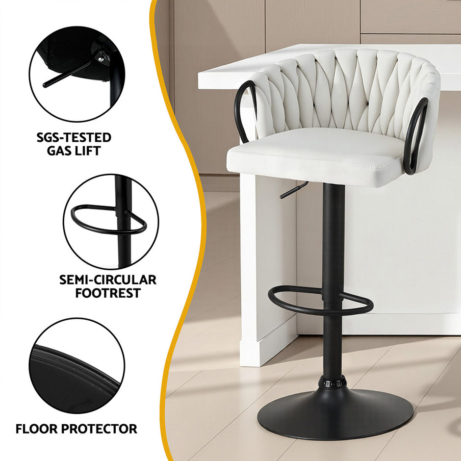 Artiss Bar Stool x2 Kitchen Dining Chair Counter Gaslift Woven Velvet Ivory