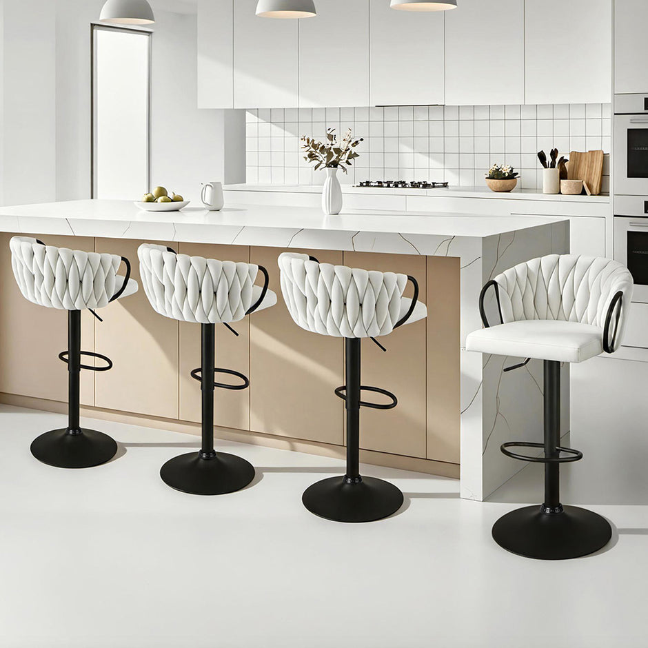 Artiss Bar Stool x4 Kitchen Dining Chair Counter Gaslift Woven Velvet Ivory