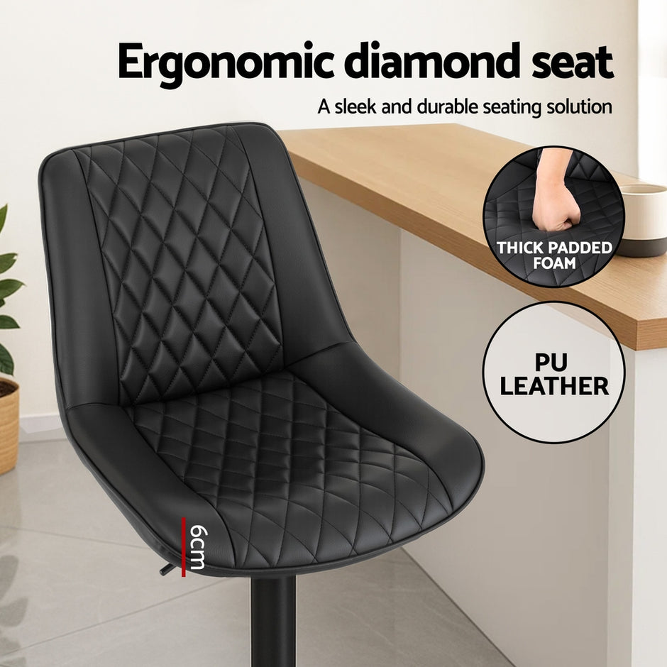 Artiss 4x Bar Stools Kitchen Swivel Gas Lift Counter Chair Diamond Leather Black