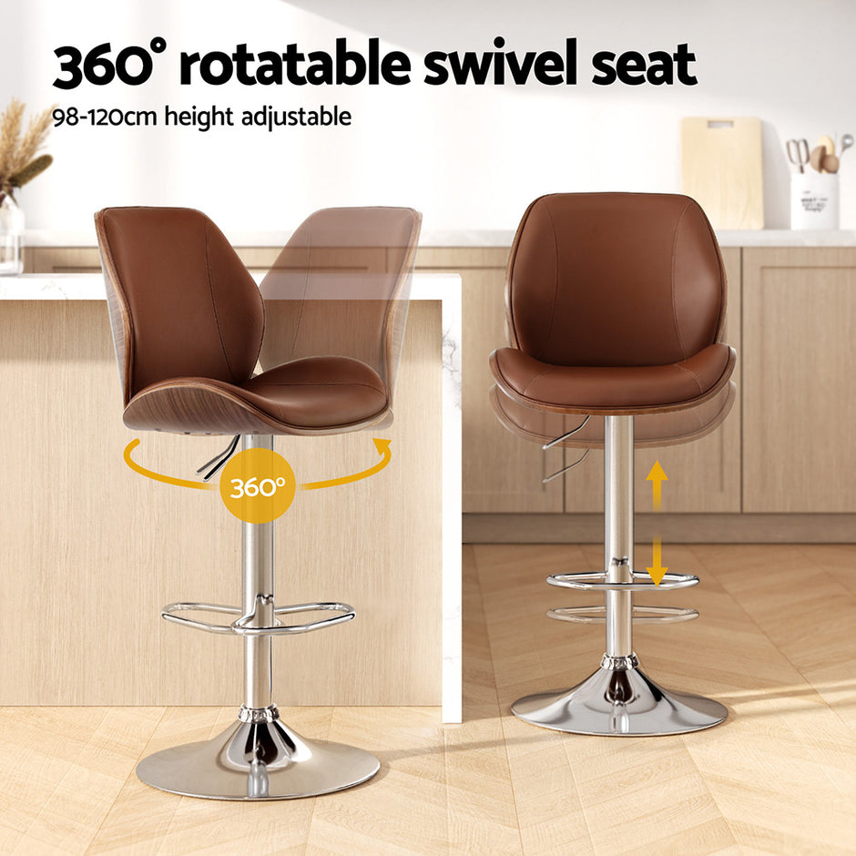Artiss 1X Bar Stool Bentwood Swivel Adjustable Kitchen Dining Counter Stool Leather Brown