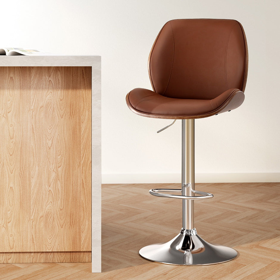 Artiss 1X Bar Stool Bentwood Swivel Adjustable Kitchen Dining Counter Stool Leather Brown