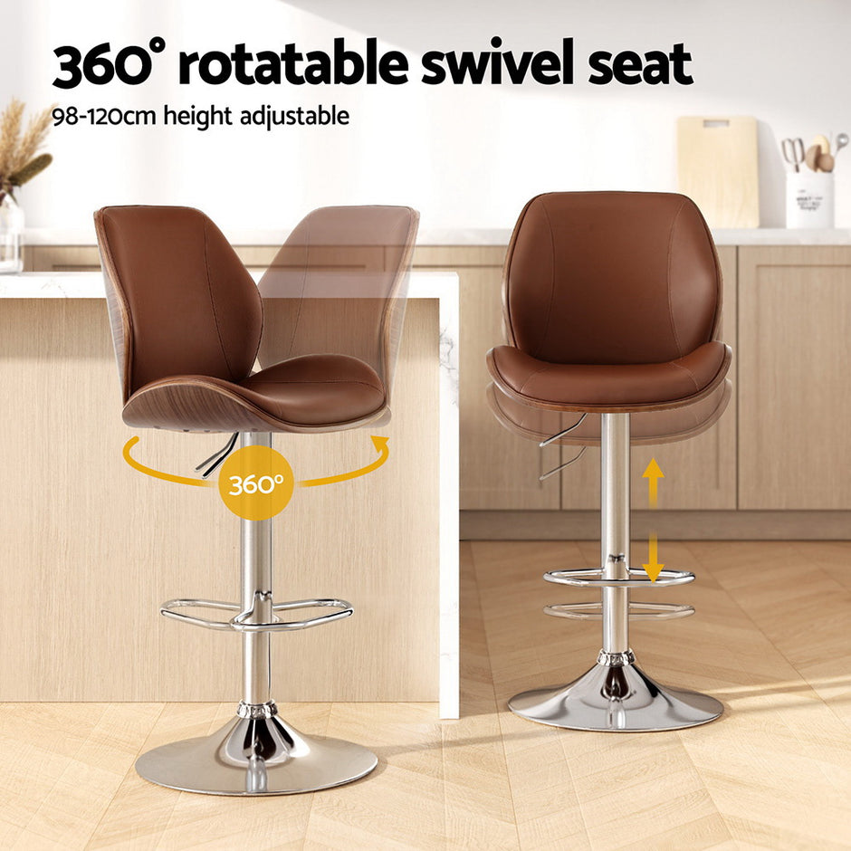 Artiss 2X Bar Stools Bentwood Adjustable Kitchen Counter Chair Leather Brown