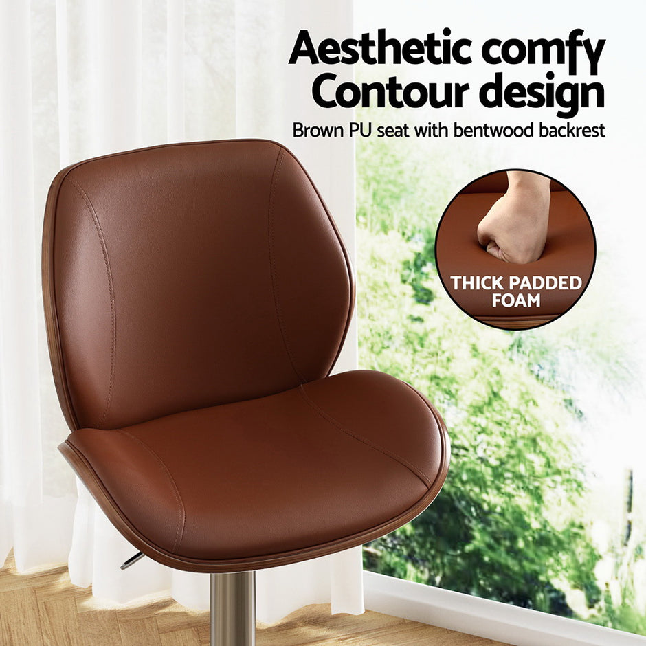 Artiss 2X Bar Stools Bentwood Adjustable Kitchen Counter Chair Leather Brown
