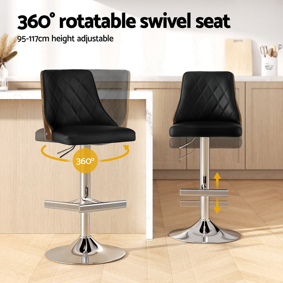 Artiss 2X Bar Stool Wood Swivel Adjustable Kitchen Counter Stool Leather Black