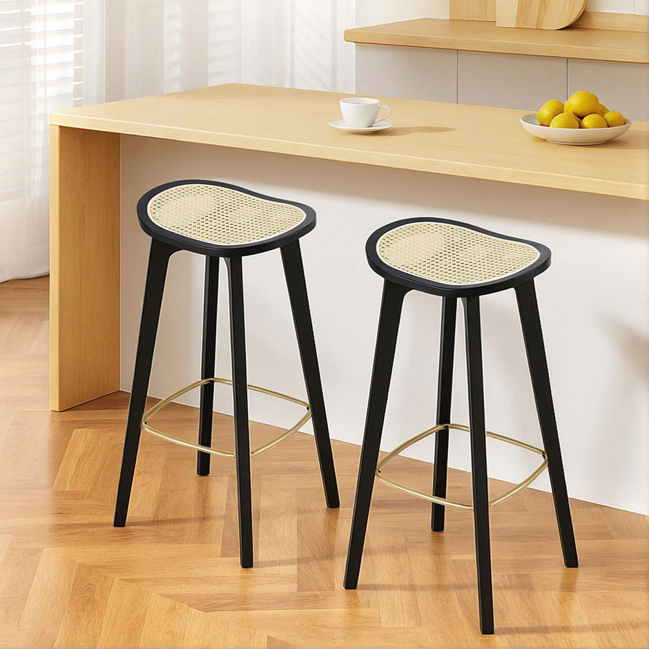 Artiss 2x Bar Stools Rattan Counter Kitchen Dinning Chair Bamboo Saddle Black