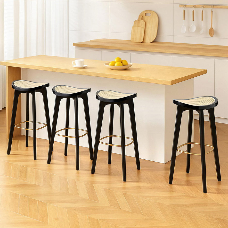 Artiss 4x Bar Stools Rattan Counter Kitchen Dinning Chair Bamboo Saddle Black