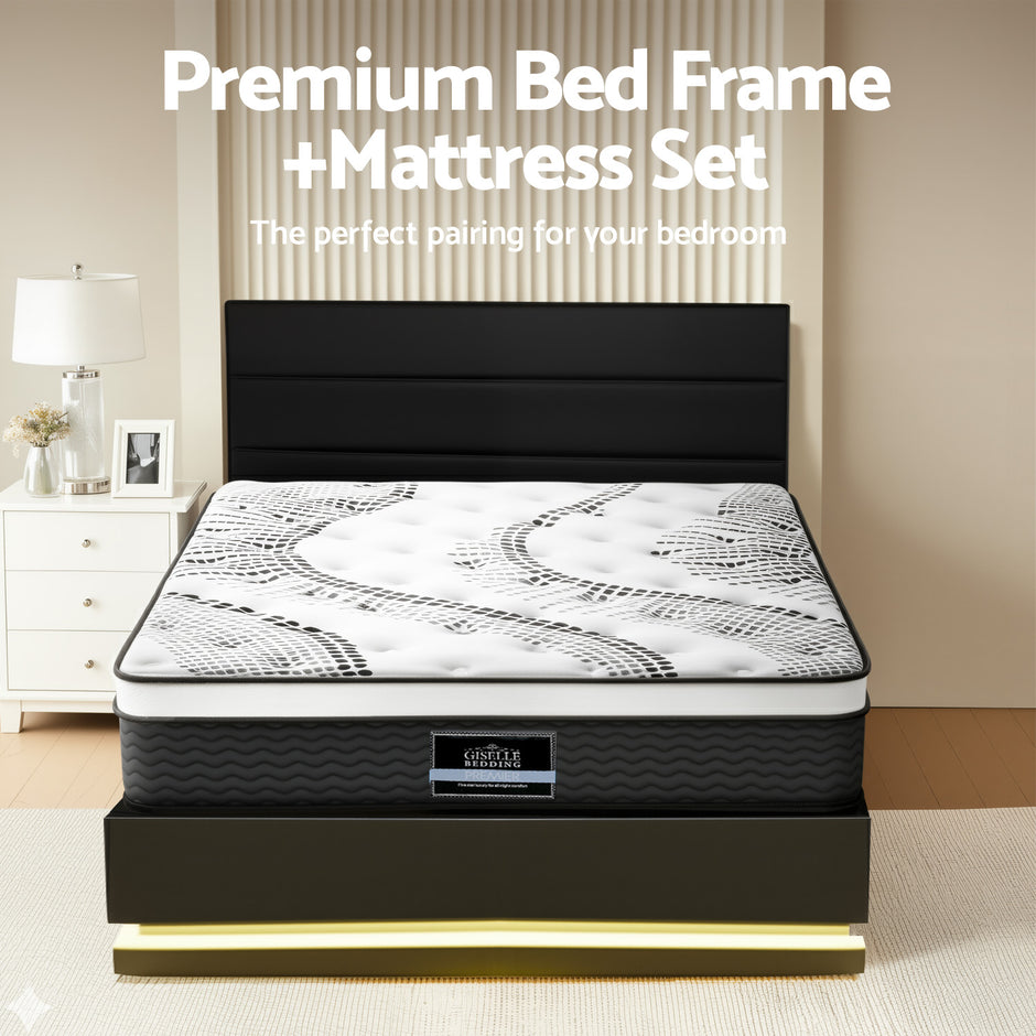 Artiss RGB LED Queen Bed Frame with 32cm Giselle Mattress Set