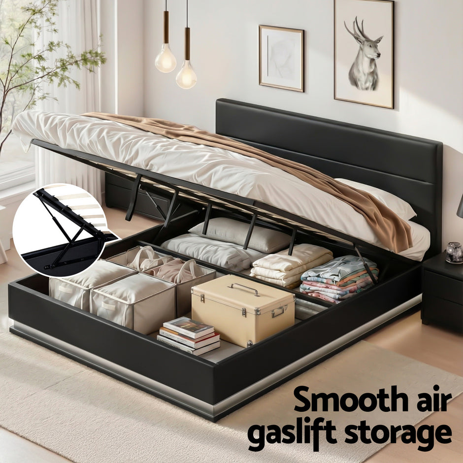 Artiss Bed Frame King Size LED Gas Lift Black LUMI