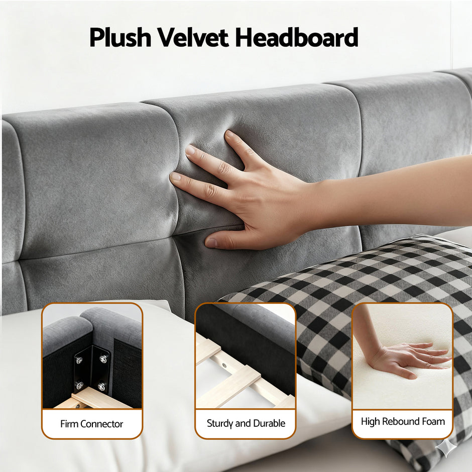 Artiss Double Size Bed Frame Plush Soft Headboard Velvet Platform Base for Modern Bedrooms Grey